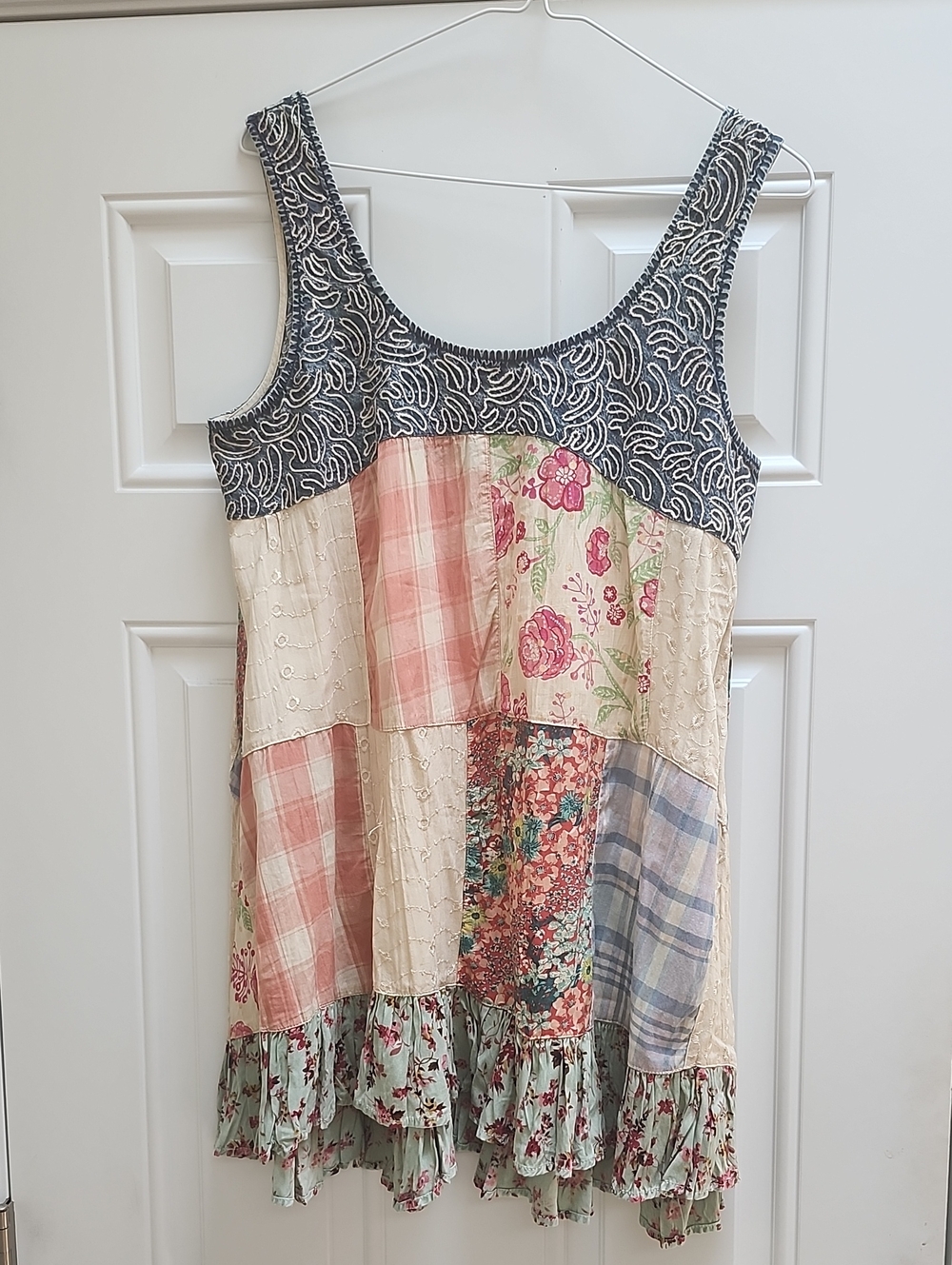 Young Threads Patchwork Floral Top with Navy Scoop Neck